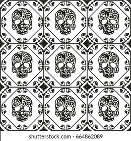 Day of the dead, black stylish skull with ornament and flower pattern. Seamless pattern.
