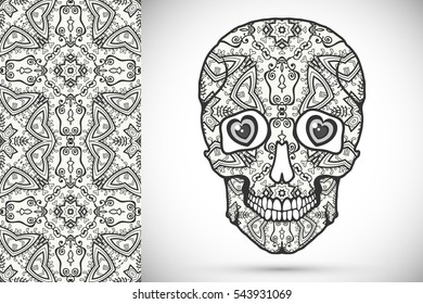Day of The Dead black Sugar Skull with doodle ornament and decorative seamless floral geometric pattern. Zen doodle art for coloring book page, tattoo, Halloween party card design, textile paper print