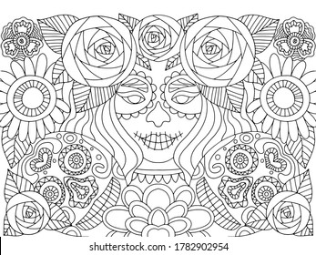 Day of the dead black and white stock vector illustration illustration. Woman, skulls and flowers coloring book pagefor kids and adults. Traditional mexican holiday make up girl and floral decoration.