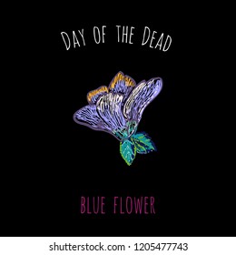 Day of the Dead: blue flower element for decoration traditional mexican holiday. Hand drawn illustration in watercolor style on black background. 