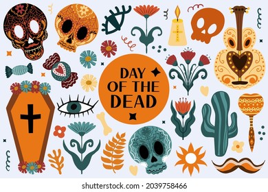 Day of the dead Boho set. Bohemian Dia de los Muertos collection clip art hand drawing style. Mexican holiday Halloween with sugar skulls. Vector illustration