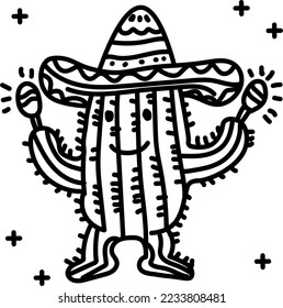 Day of the dead Cactus with hat hand drawn icon vector design