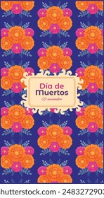 Day of the Dead card, cempasuchil flower pattern background on blue background, vertical