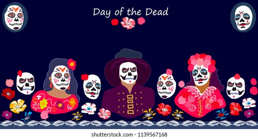 Day of the Dead card. Colorful characters with painted faces and flowers on dark blue background. Vector border inspired by traditional autumn Mexican festival.