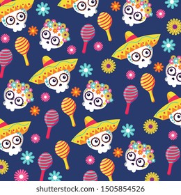 day of the dead card with cute skull maracas and flowers cartoon. vector illustration