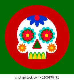 Day of the dead card design. Vector icon in flat style. Skull decorated with patterns at red and green background.