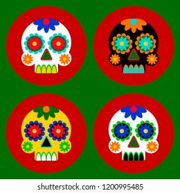 Day of the dead card design. Vector icons in flat style. Collection of 4 skulls decorated with patterns at red and green background.