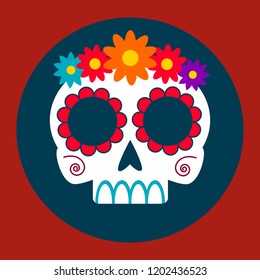 Day of the dead card design. Vector icon in flat style. Skull decorated with patterns at red and blue background.
