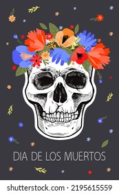 Day of the Dead card. Skull in a wreath of flowers. Vector template with lettering design. The inscription is in Spanish.