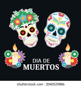 Day of the dead card. Skulls and candles with black background