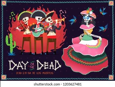 Day of the dead card with three skeleton musicians playing music and girl in flamenco dress dancing.