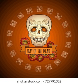 Day of the Dead card with traditional sugar skull  and marigold flowers. Skull with ornament. Vector illustration of Mexican holiday "Day of the Dead".
