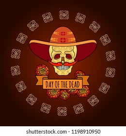 Day of the Dead card. Vector illustration of smiling skull in sombrero with mustache of red peppers isolated on brown background. Round frame of bones.