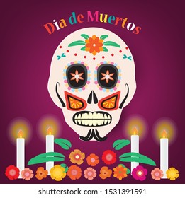 Day of the dead card,Mexican sugar skull with colorful floral decoration and Dia de Muertos text,vector illustration.