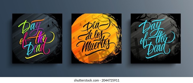 Day Of The Dead cards set. Dia de los Muertos (Day Of The Dead in Spanish). Mexican traditional holiday celebrate templates for holiday greetings, party invitations. Vector illustration.