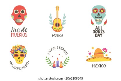 Day of the Dead cards set. Dia de Muertos hand lettering with skull print. Mexico icon with sombrero and flowers. Mariachi logo. Mexican party. All souls day poster. Amor eterno. Vector illustration.