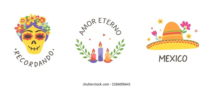 Day Of The Dead Cards Set. Dia De Muertos Hand Lettering With Skull Print. Mexico Icon With Sombrero And Flowers. Mariachi Logo. Mexican Party. All Souls Day Poster. Amor Eterno. Vector Illustration.