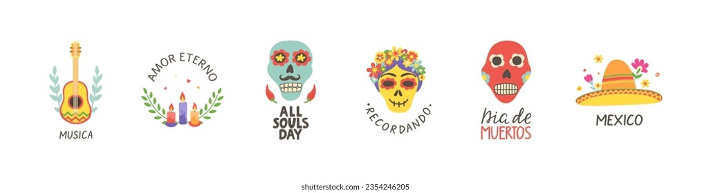 Day of the Dead cards set. Dia de Muertos hand lettering with skull print. Mexico icon with sombrero and flowers. Mariachi logo. Mexican party. All souls day poster. Amor eterno. Vector illustration.