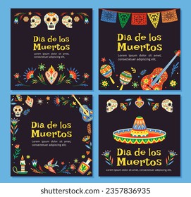 Día de cartas muertas. Fiesta y festival mexicano tradicional. Calaveras y sombrero colorido, guitarra e instrumentos musicales. Colección vectorial plana de dibujos animados aislada en fondo azul