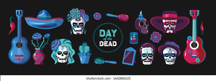 Day of dead cartoon color set of  ethnic mexican items holiday mask and national wear isolated on black background vector illustration 