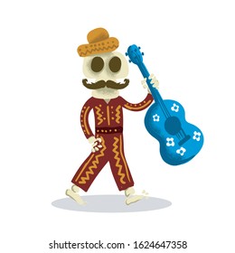 Day of the Dead Cartoon Illustration of a Skeleton Walking with a Guitar