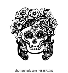 Day of the dead. Catarina mask. Black outlined scull decorated with flowers on white background. Vector illustration.