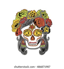 Day of the dead. Catarina mask. Black outlined scull decorated with flowers on white background. Vector illustration.