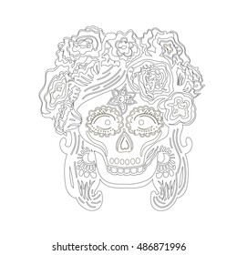 Day of the dead. Catarina mask. Black outlined scull decorated with flowers on white background. Vector illustration.