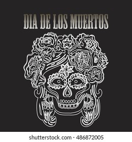 Day of the dead. Catarina mask. White outlined scull decorated with flowers on dark background. Vector illustration.