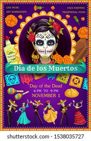 Tag der Toten Katrina mit tanzenden Skeletten Vektordesign. Mexikanische Dia de los Muertos Zuckerschädel, Ringelblumen und Tequila, musikalische Festivalgitarre, Sombrero und Maracas, Brot und Saft