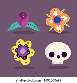 day of the dead, catrina flowers decoration traditional celebration mexican icons vector illustration