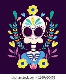 Day of the dead, catrina with flowers and  earrings decoration.  Traditional mexican celebration vector illustration