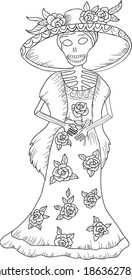 Day of the dead catrina illustration. Hand drawn black outline sketch