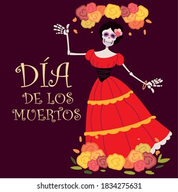 day of the dead, catrina with red dress and flowers decoration, mexican celebration vector illustration