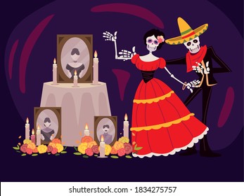 day of the dead, catrina skeleton altar with photos candles and flowers, mexican celebration vector illustration