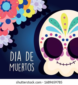 Day of the dead catrina skull with flowers decoration.  Traditional mexican celebration vector illustration