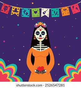 Celebração do Dia dos Mortos com design artístico de fundo. Dia da mulher morta retrato com rosas. Festival mexicano. Maquiagem de crânio de açúcar para o Dia dos Mortos ou Dia de los Muertos.