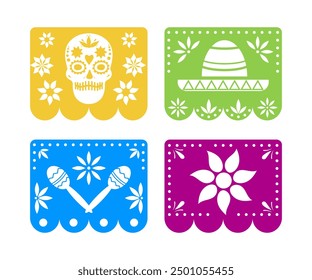 Tag der Toten. Dia de los muetros. Set von Papel Picado mexikanischen Feiertagsfahnen. Gestaltungselemente für Fiesta, Banner, Party, Flyer, Grußkarte. 