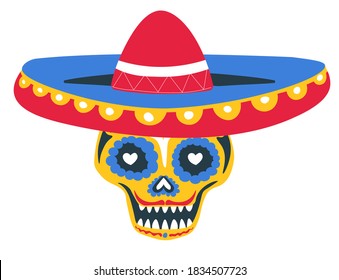 Day of the dead celebration of mexican holiday, isolated skull decorated with ornaments, lines and hearts. Calavera wearing sombrero hat, mexican tradition on halloween. Vector in flat style