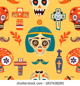 Day of the dead celebration of mexican holidays. Seamless pattern with skulls and crosses decorated with flowers and leaves. Dia de los muertos, culture and traditions of hispanic events vector