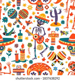 Day of the dead celebration of mexican holidays, seamless pattern of skeleton playing guitar. Dia de los muertos symbols and icons. Tequila in bottle, skull and candle, maracas and sombrero, vector