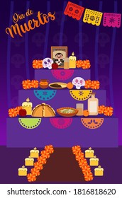 Day of the dead celebration: Offering to the dead, text in Spanish: Day of the dead