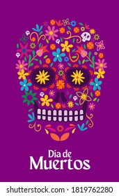 Day of the dead celebration - Skull made with flowers, text in Spanish: Day of the dead