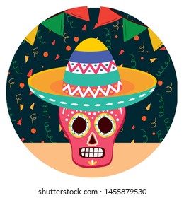 day of the dead celebration skull mask with mexican hat vector illustration design