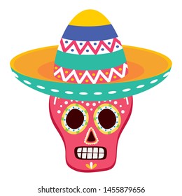 day of the dead celebration skull mask with mexican hat vector illustration design