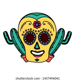 day of the dead celebration skull mask and cactus vector illustration design