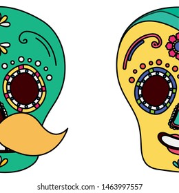 day of the dead celebration skulls masks vector illustration design