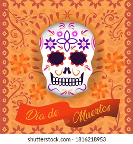 Day of the dead celebration - Sugar Skull, text in Spanish: Day of the dead