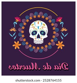  Celebraciones del Día de Muertos en México. Calavera pintada con flores. Concepto del Día de los Muertos. Ilustración vectorial plana.