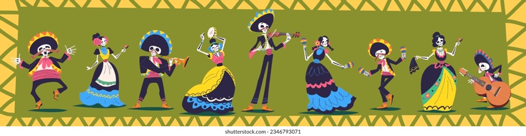 Day dead characters. Woman skeleton catrina in traditional mexican dress dancing on mariachi music, de los muertos or halloween party sugar skull costume classy vector illustration